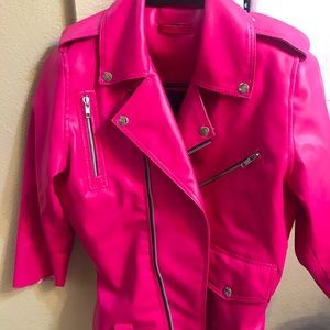 Petite faux leather hot pink bomber jacket